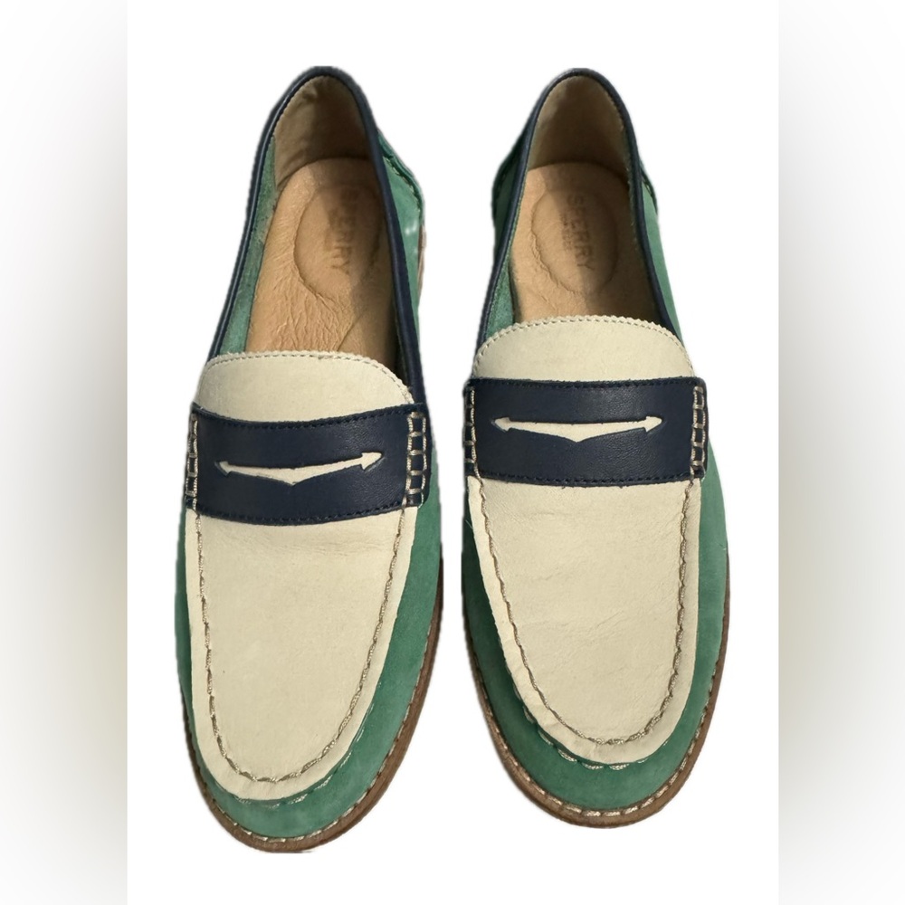 Sperry Seaport Penny Green and Cream Loafers